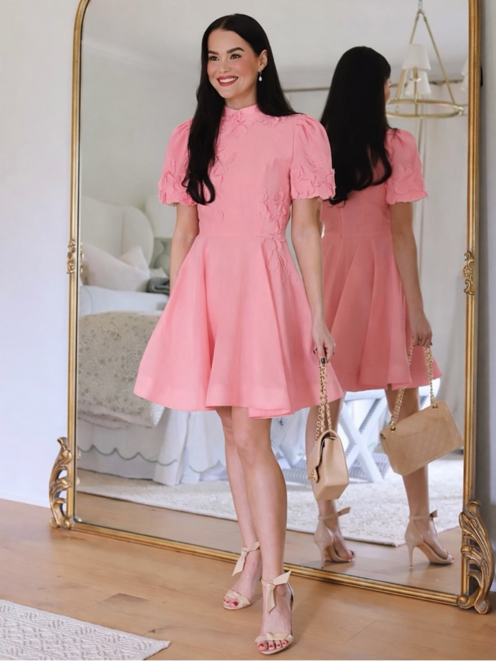 NWT Antonio Melani Iris Linen Floral Appliqué Taffy Pink Mockneck‎ Dress